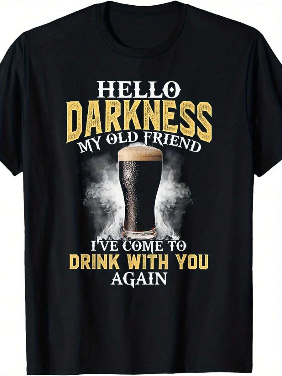 "Hello Darkness, My Old Friend" Beer T-Shirt - Vintage Design For Pub Crawl With Irish And Stout Phrases, 100% Loose Fit Short Sleeve T-Shirt For Irish Pubs, Parties And Casual Wear (Black And Yellow Print) - 黑色 - 查看 1