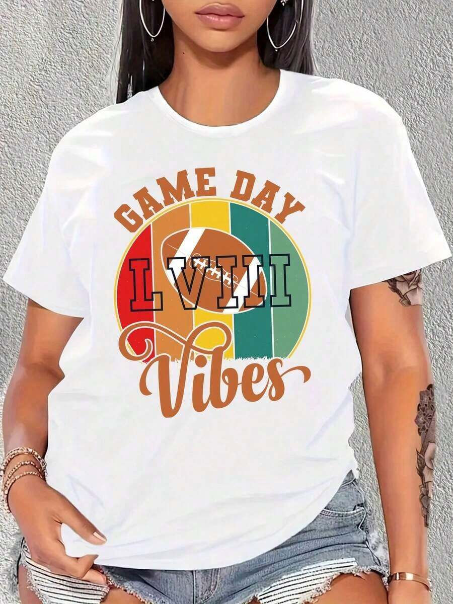 Women's Casual T-Shirt With American Football Design For Game Day Lviii Vibes, Sports Fan Clothing For Party Celebration. New Summer Arrivals: 100% Cotton Crew Neck T-Shirts. - 白色 - 查看 1