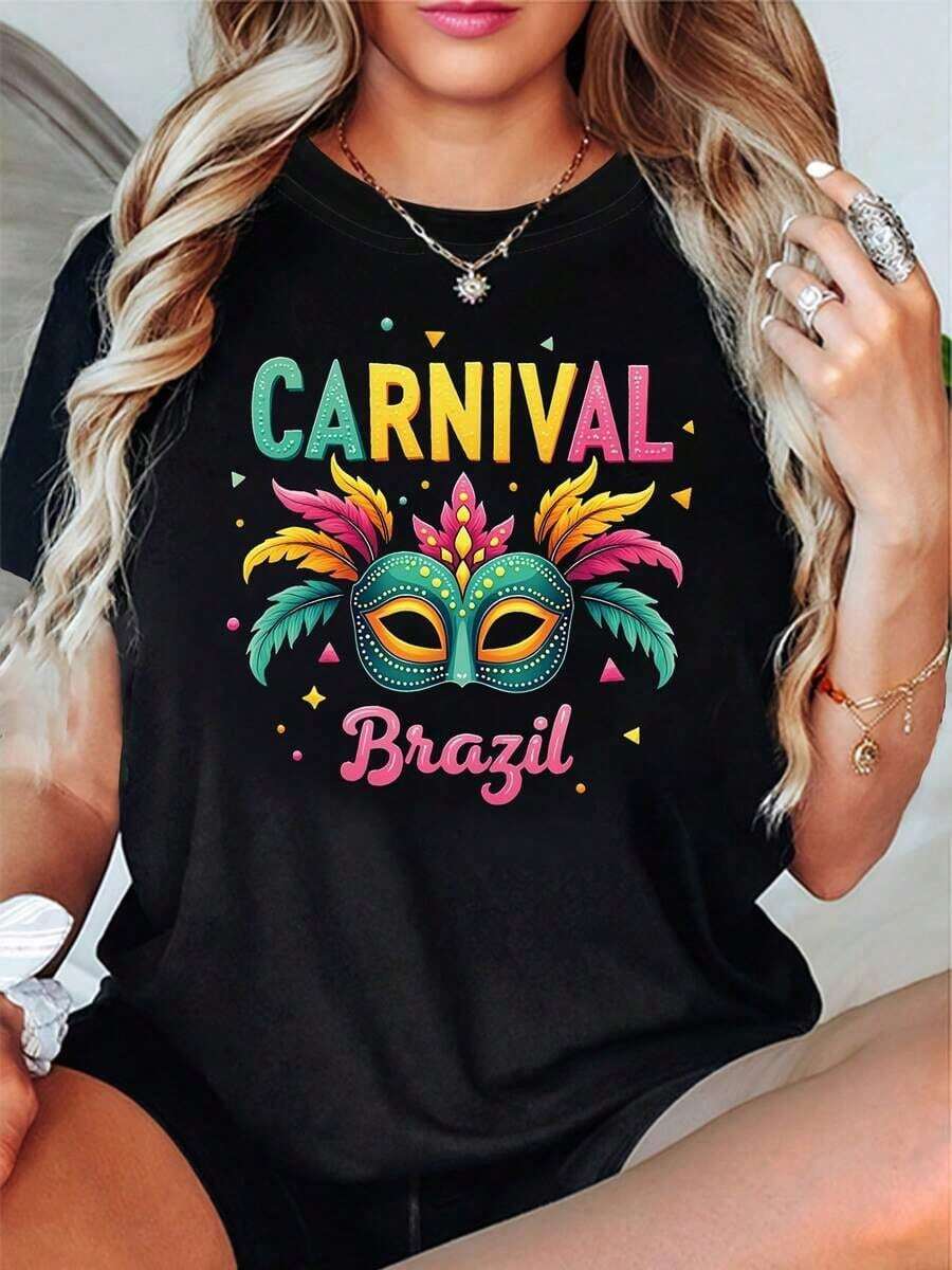 Women's T-Shirt With Brazilian Carnival Mask Design - Decorated Face Part For Carnival Parties, Casual Short Sleeve Slogan T-Shirt, Machine Washable, Outfit For Brazilian Festivals (Spring Summer Clothes) Summer New Arrivals: 100% Cotton Crew Neck T-Shirts. - 黑色 - 查看 1