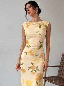 xheFirerie Vestido maxi elegante y casual para vacaciones y citas románticas, con estampado floral de malla amarilla y rosa, cuello barco, volantes sin mangas y espalda descubierta, vestido ajustado adecuado para tomar el té por la tarde, fiestas al aire libre y vacaciones de ocioxhe - Multicolor 2 - Ver 5