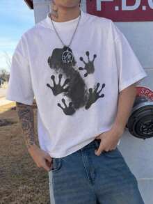 Fractyr Men's Oversized T-Shirt With Washed Ink Print, Soft-Touch White Casual T-Shirt, Minimalist Animal Graphic, Short Sleeve T-Shirt. - 白色 - 查看 3