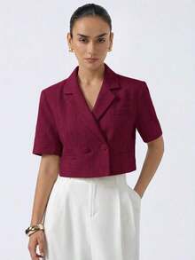 AYYAveloria Modichic Nueva chaqueta elegante y sofisticada de tela texturizada con cuello de solapa, diseño de espalda cruzada abierta, cintura corta y mangas cortas que estilizan la figura de la mujerAYY - Burdeos - Ver 4