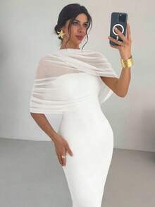 Vestido ajustado con cuello de volantes, cintura plisada y asimétrico, color amarillo sólido elegante y romántico.Atuendo para playa, aeropuerto, vacaciones y maestros. - Blanco - Ver 4