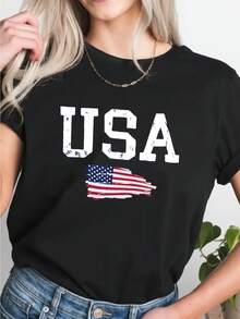 New Arrival,Women's Patriotic Graphic Casual T-Shirt, USa Flag Print, Fashion Short Sleeve Top, Sporty Style, White Tee, American Pride Apparel,Best Gift For You - Black - View 1