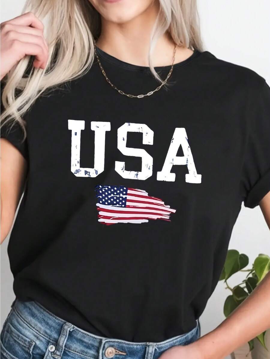 New Arrival,Women's Patriotic Graphic Casual T-Shirt, USa Flag Print, Fashion Short Sleeve Top, Sporty Style, White Tee, American Pride Apparel,Best Gift For You - Black - View 1