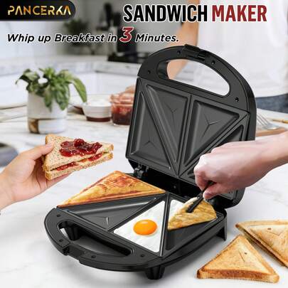 PANCERKA Non-Stick Electric Sandwich Maker - Easy To Clean, Heat-Resistant Handle, With Indicator Light, Ideal For Making Breakfast, Grilled Cheese And Snacks, Compact Design For Easy Storage, Black (EU Plug)
