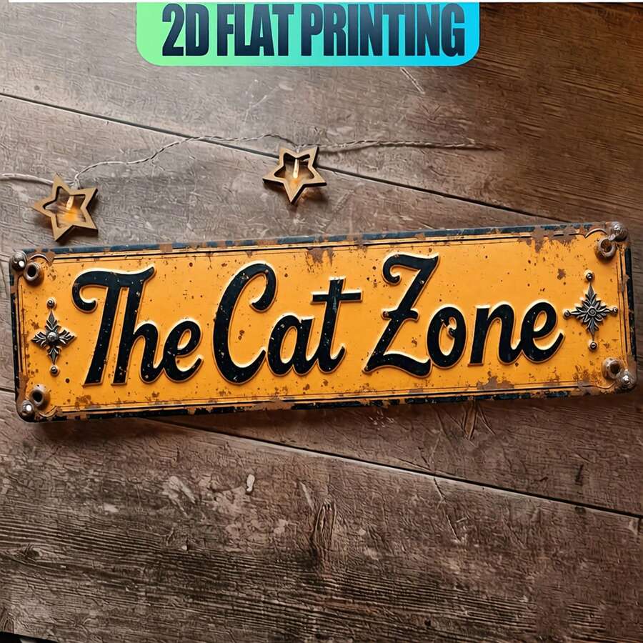 1pc Vintage "Rusty Cat Zone" 2D Wall Decor Sign - Humorous Style, Suitable For Home, Men's Lounge, Garage And Outdoor Decoration - Unique Cat Themed Decor With Countryside Style Design, Can Be Hung On Porch, Bedroom Etc. (Slogan: "Country Cat Zone"), 2D Flat Design. Pre-Drilled Holes As Shown In Size Chart - Multicolor - View 1