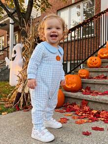 Mono de Halloween para bebé niño/niña, a cuadros, con calabaza bordada, manga larga, cuello de muñeca, mono burbuja, ropa infantil adorable para otoño. - Azul - Ver 6