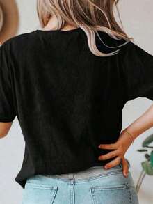 Women's Casual Short Sleeve Cotton T-Shirt, Simple And Soft Short Sleeve T-Shirt, Versatile, Solid Color, Letter Print, Soft And Comfortable For Daily Wear, A Must-Have. - 黑色 - 查看 3