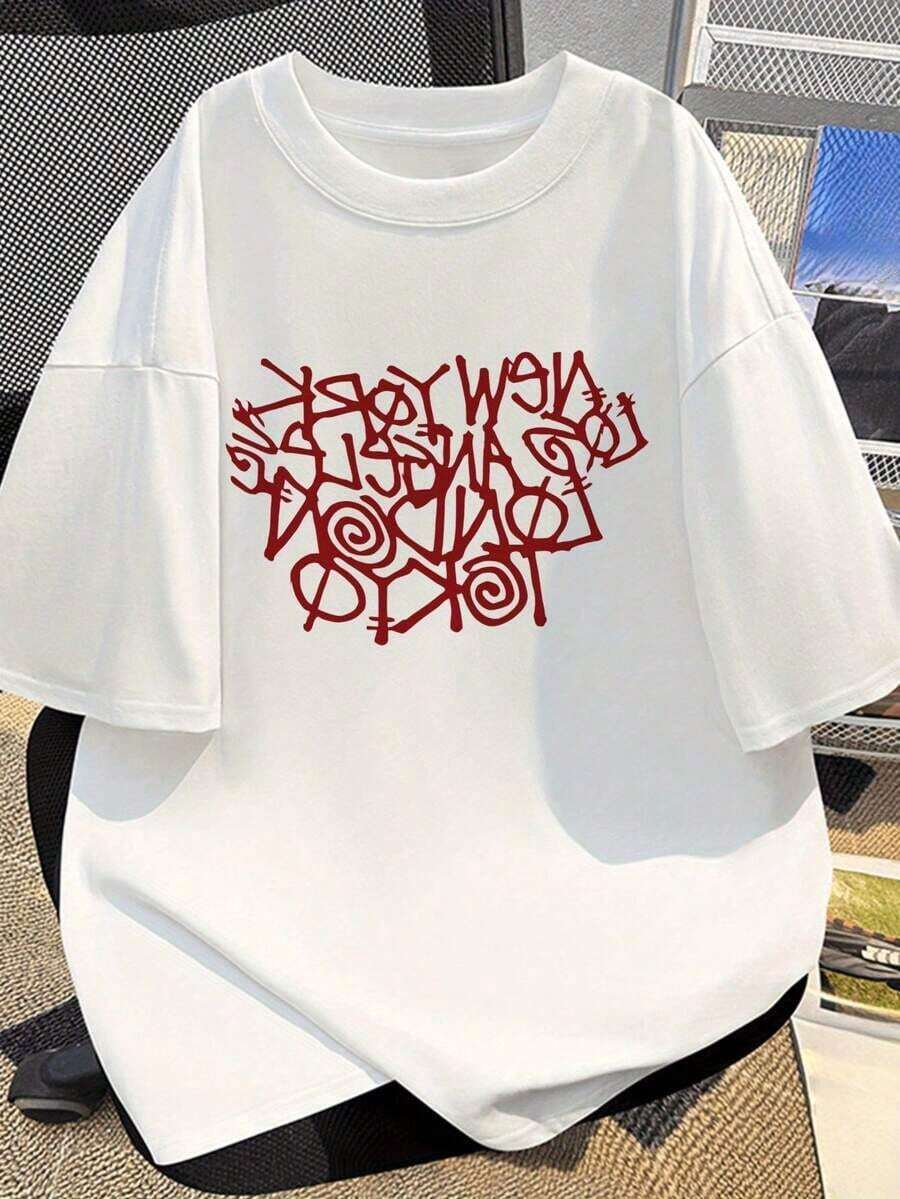 Camiseta corta de manga de con estampado abstracto de letras rojas, estilo casual para ir al trabajo, tops para hombres y mujeres