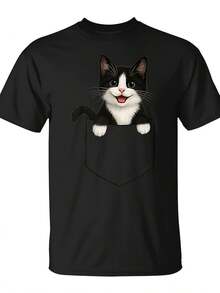 Camiseta Divertida para Amantes de Gatos con un Gato Tuxedo Mirando en el Bolsillo, en Blanco y Negro - SeseableUnisex para Uso Diario 2025, Camiseta Novedosa y Divertida para Hombre, Moda Urbana de Verano, Camiseta Estampada Casual de Alta Calidad, Cómoda, de Algodón Puro 220G - Negro - Ver 1
