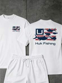 Huk Fishing Patriotic T-Shirt And Shorts Two-Piece Set, American Flag And Fish Pattern Set, American Outdoor Soft Cotton Clothing For Men And Women, A Gift For Fishing Enthusiasts, American Independence Day Fishing Apparel. - 白色 - 查看 2