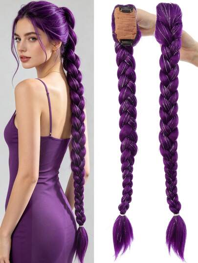 26 Inch Purple+Silver Wire Long Braided Wig, Synthetic Heat-Resistant Braided Wig, Easy To Clip On, Ponytail, Suitable For Costume Role Play,Party, World Cup.