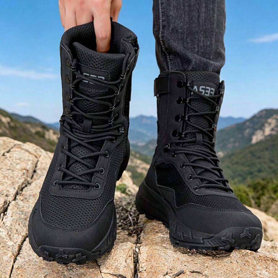 Botas de senderismo para hombres de talla grande, zapatos de escalada para exteriores, botas de senderismo para trekking en la jungla, botas del desierto - Negro - Ver 1