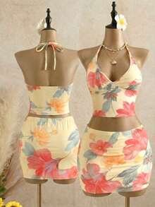 Conjunto de 2 piezas para mujer, azul, lindo y sexy, con estampado floral - Top corto de tirantes finos + minifalda ajustada, atuendo casual para vacaciones en la playa. - Multicolor - Ver 3