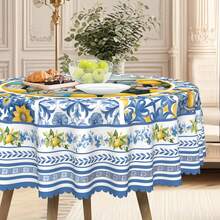 1pc Mediterranean Style Lemon Floral Tablecloth, Printed Tablecloth, Mediterranean Tile Mosaic Blue And White Color Design Pattern, Mediterranean Style, Polyester Round/Rectangular Tablecloth, Summer Decor, Indoor/Outdoor Dining Table Decor, Essential For Spring/Summer Party, Patio Picnic - Multicolor - View 4