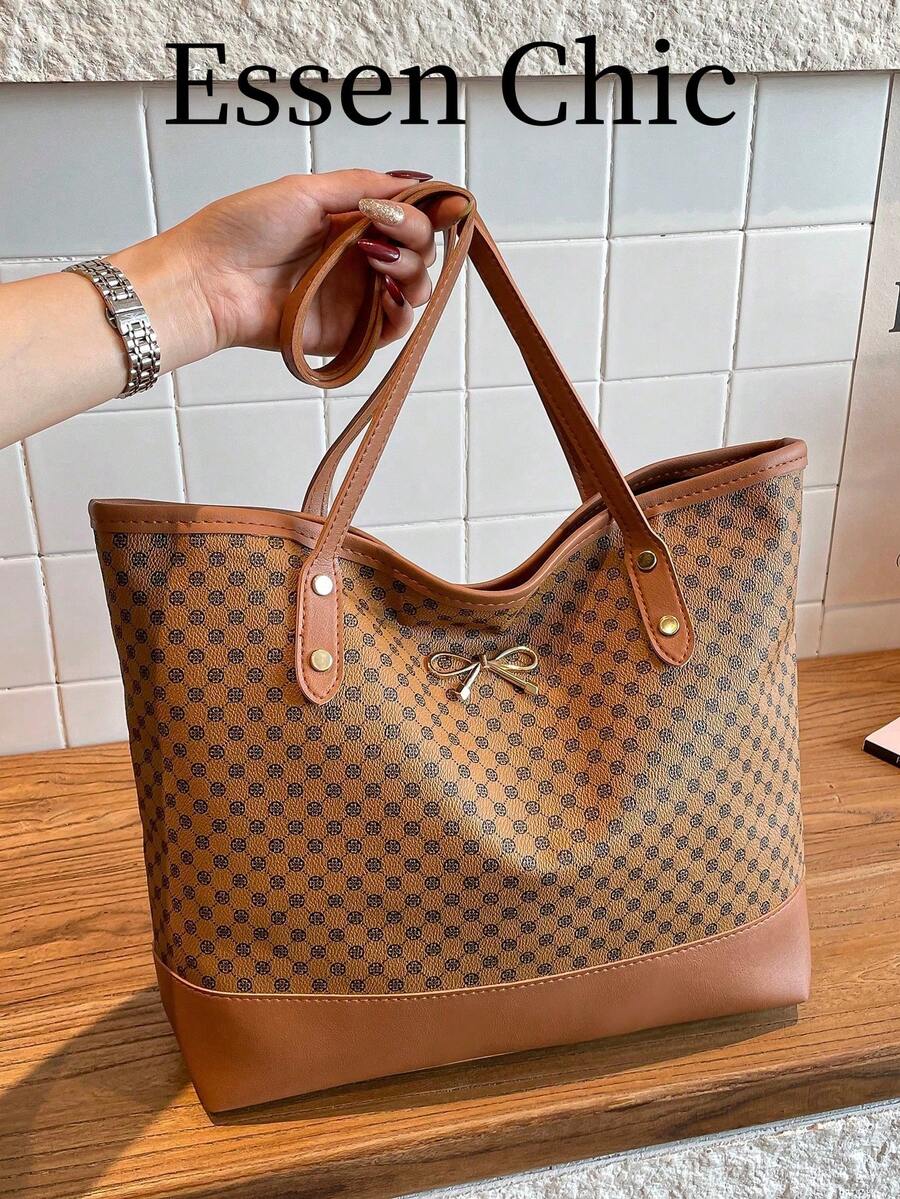 1pc Brown Vintage Floral PU Tote Bag For Women, Large Capacity With Metal Bowknot Rivet Decor, Summer New Arrival - Brown - View 1