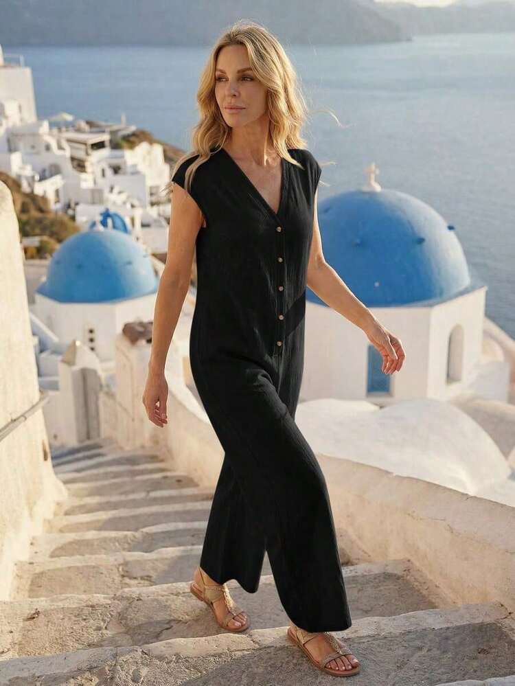 Women's Versatile And Fashionable Solid Color Jumpsuit With Buttons For Vacation - White - View 3