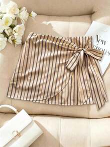 Falda mini acampanada de talle alto con lunares marrones y lazo/Cintura ceñida estilizante/Falda casual/de trabajo - Albaricoque 2 - Ver 1