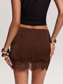 Minifalda elegante de mujer con parches de encaje y cintura con lazo, para verano - Café integral - Ver 2
