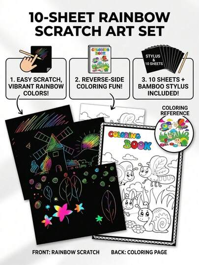10pcs Magic Scratch Art Paper Set (Includes Bamboo Scratch Pen; Can Doodle On Back) - Rainbow Art & Craft Paper Set. This Is An Excellent Gift For Birthdays, Holidays, Halloween And Christmas, And Also A Great Choice For Party Favors.