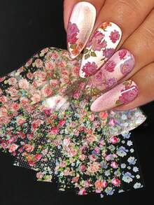 10片玫瑰蕾絲花卉印花春季美甲貼紙，彩色優雅牡丹花美甲貼花，夏季婚禮美甲裝飾DIY美甲貼花（非黏性） - 彩色 - 查看 5
