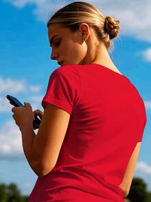 Red Short-Sleeved T-Shirt With Valentine's Day Heart Print, Valentine's Day Gift, Local Delivery, Pure Cotton, Comfortable And Casual Style, Gift For Girlfriend Or Mother, Funny T-Shirt For Women, 100% Cotton. - 紅色 - 查看 5