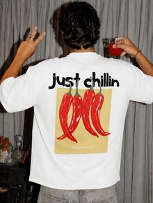 Fractyr 男款「Just Chillin」辣椒前後印花寬鬆T恤，柔軟觸感白色休閒街頭風，復古食物圖案 - 白色 - 查看 3