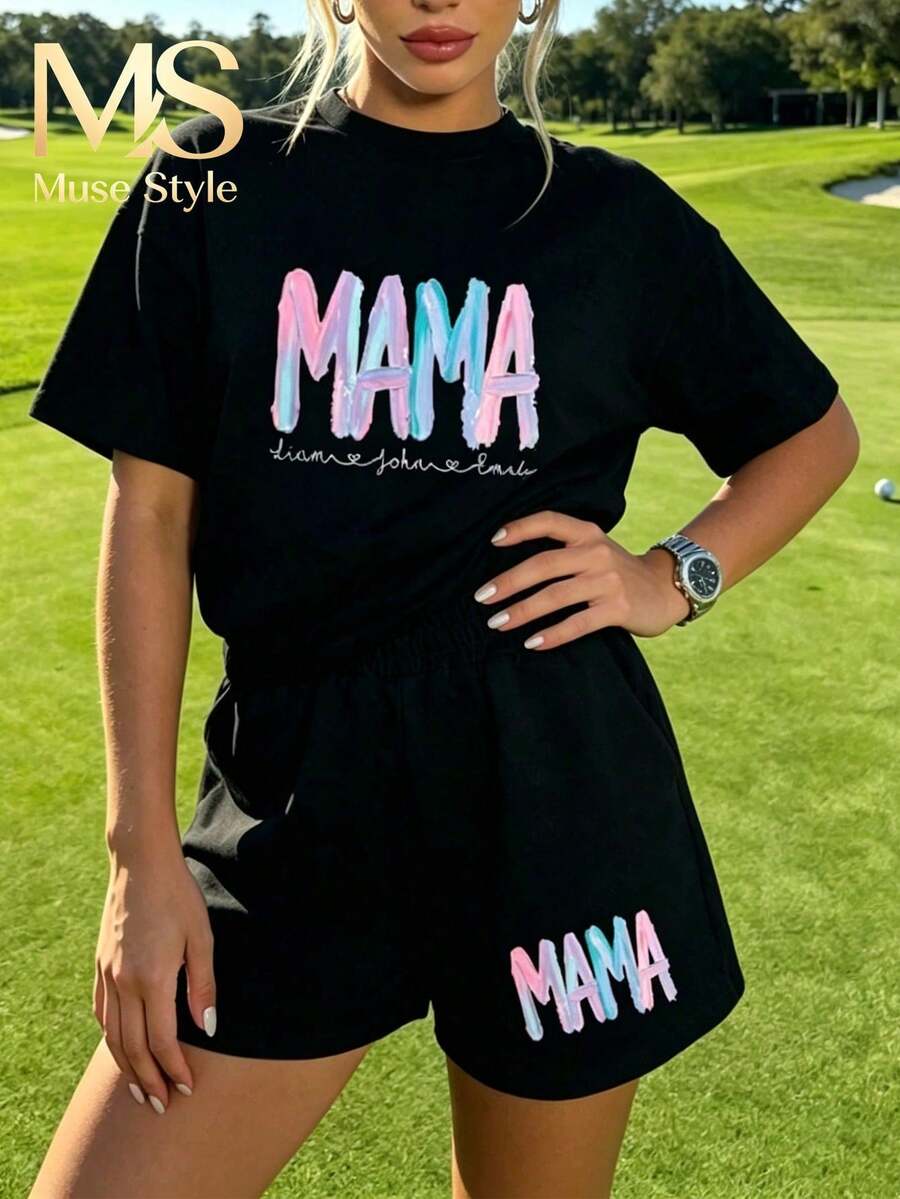 Muse Style New 2026 Summer Women's Casual Sports Street Style Retro College Round Neck Short Sleeve T-Shirt, With Mama Print, - T恤 - 查看 1