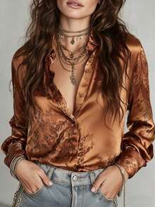 Blusa de satén con estampado de rosa naranja-turquesa clásico para mujer, diseño con cuello, elegante para el uso diario, salidas y talla grande - Naranja Quemada - Ver 6