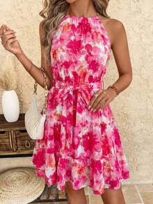 Vestido de Verano Clasi con Estampado Floral, Cintura Elástica y Volantes en el Bajo - Rosa - Ver 4