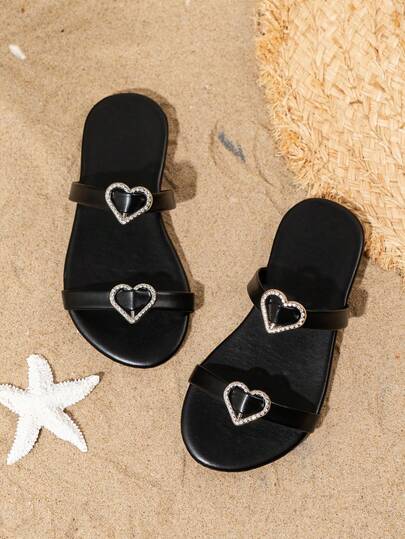 Girls' Heart Rhinestone Black Double-Strap Sandals, Children's Open Toe Flat Slippers, Versatile For Beach, Vacation And Daily Wear