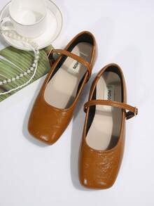 Women's Buckle Decor Black Minimalist Ballet Flats, Fashionable Elegant Mary Jane Shoes, Suitable For Spring, Autumn, Winter, All Seasons. Rubber Sole With Soft And Durable Features, Enhancing Foot Comfort. Suitable For Workwear, Student Uniform, Casual, Travel, Elegant Attire. Classic Versatile Design, Soft And Comfortable, Excellent Experience. - Orange - View 2