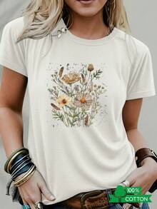 New 2026 Collection: Cotton T-Shirt With Anime Letter Print, Women's Round Neck T-Shirt With Simple Design, Comfortable And Breathable, Suitable For Casual And Versatile Daily Wear, Showing A Natural And Elegant Style, A Must-Have For Summer Parties, Local Shipping, Leopard Print, Light Colored Floral Print, Lightweight Cotton. - 黑色 - 查看 8