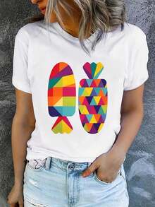 1 Piece Of Women's Summer T-Shirt, Short Sleeve And Printed, Modern And Casual, Machine Washable, Comfortable Fit, 2D Flat Print, 180g, 100% Cotton. - 白色_01 - 查看 12