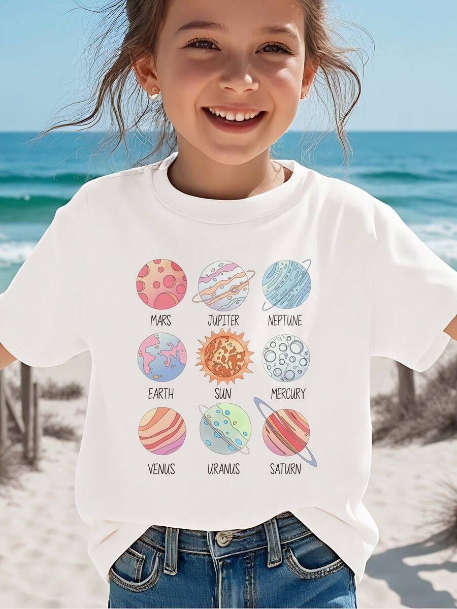 Girls' Short-Sleeved T-Shirt With A Cartoon Planet Print, Cute And Casual For Spring And Summer. Pure Cotton Short-Sleeved T-Shirt For Children Aged 7-14 Years. - 白色 - 查看 1