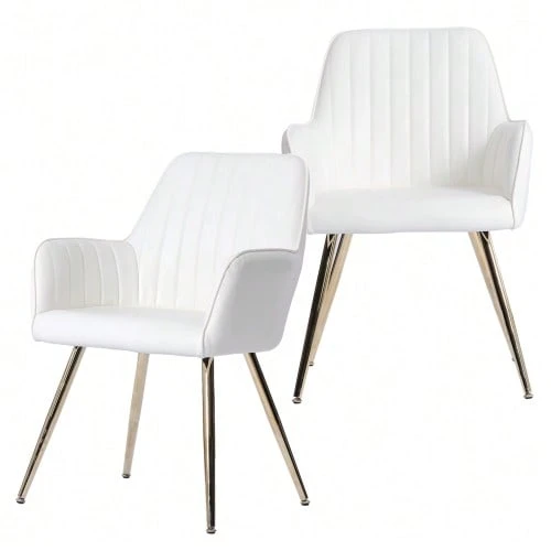 Dining Chair Set Of 2 – Modern Fabric Chair With Armrests And Gold-Plated Metal Legs. Luxurious Dining Room Furniture For Living Room, Kitchen & Reception Room - 米色 - 查看 1