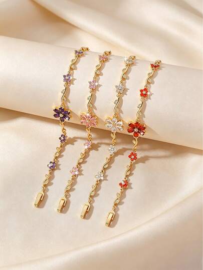 Cross-Border Full Rhinestone Vine Pink Green Zirconia Leaf Shaped Fashion Bracelet Hand Jewelry, Suitable For Women's Daily Valentine's Day Matching, Wedding Holiday Accessories