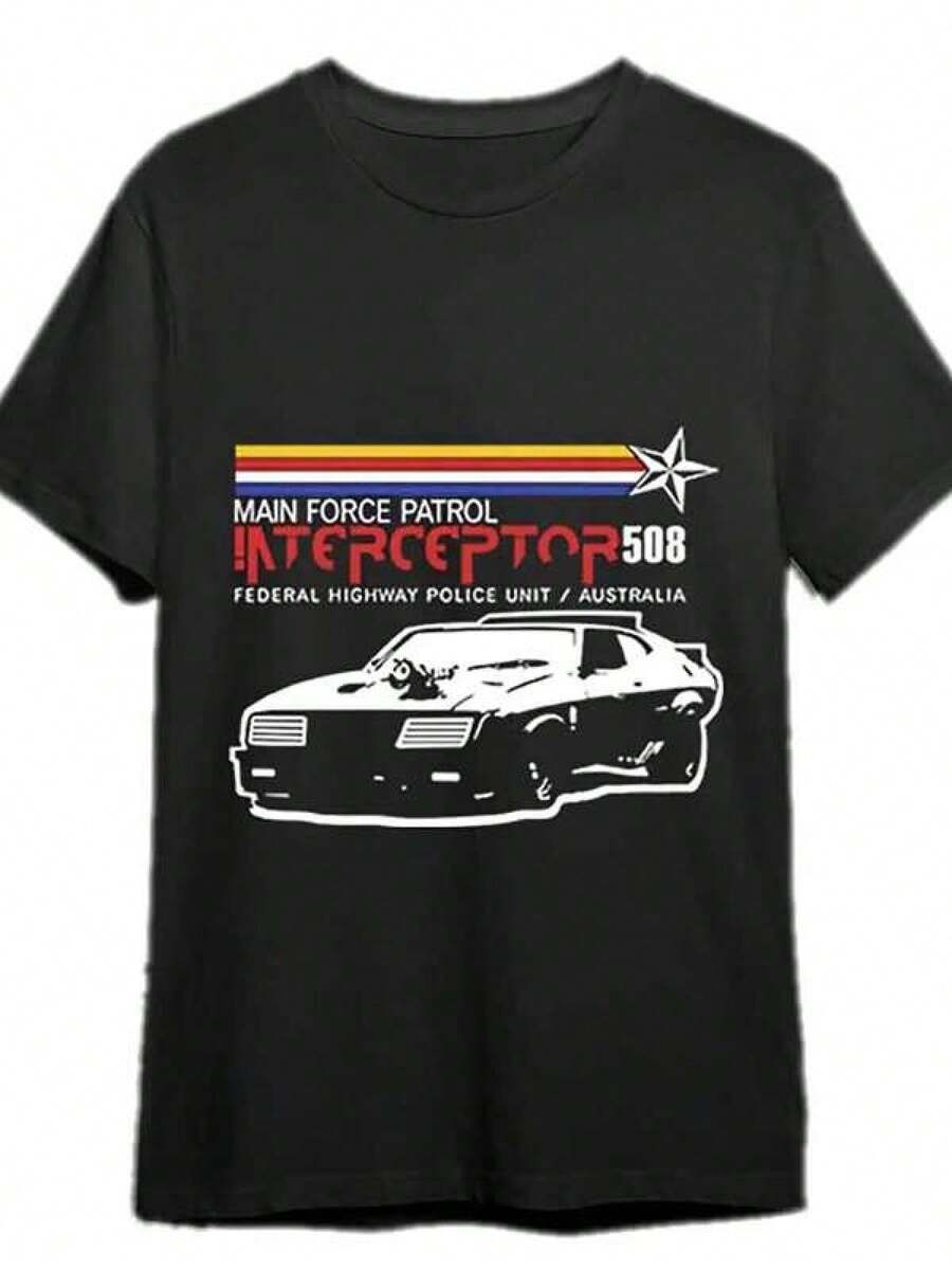 Camiseta gráfica negra para hombres Mad Max Interceptor 508 - Diseño vintage de la Patrulla de Carreteras Australiana con coche de policía de la fuerza principal y número Interceptor 508, camiseta de cuello redondo casual para todas las estaciones para entusiastas de los coches, regalo coleccionable para fanáticos de Mad Max - Negro - Ver 1