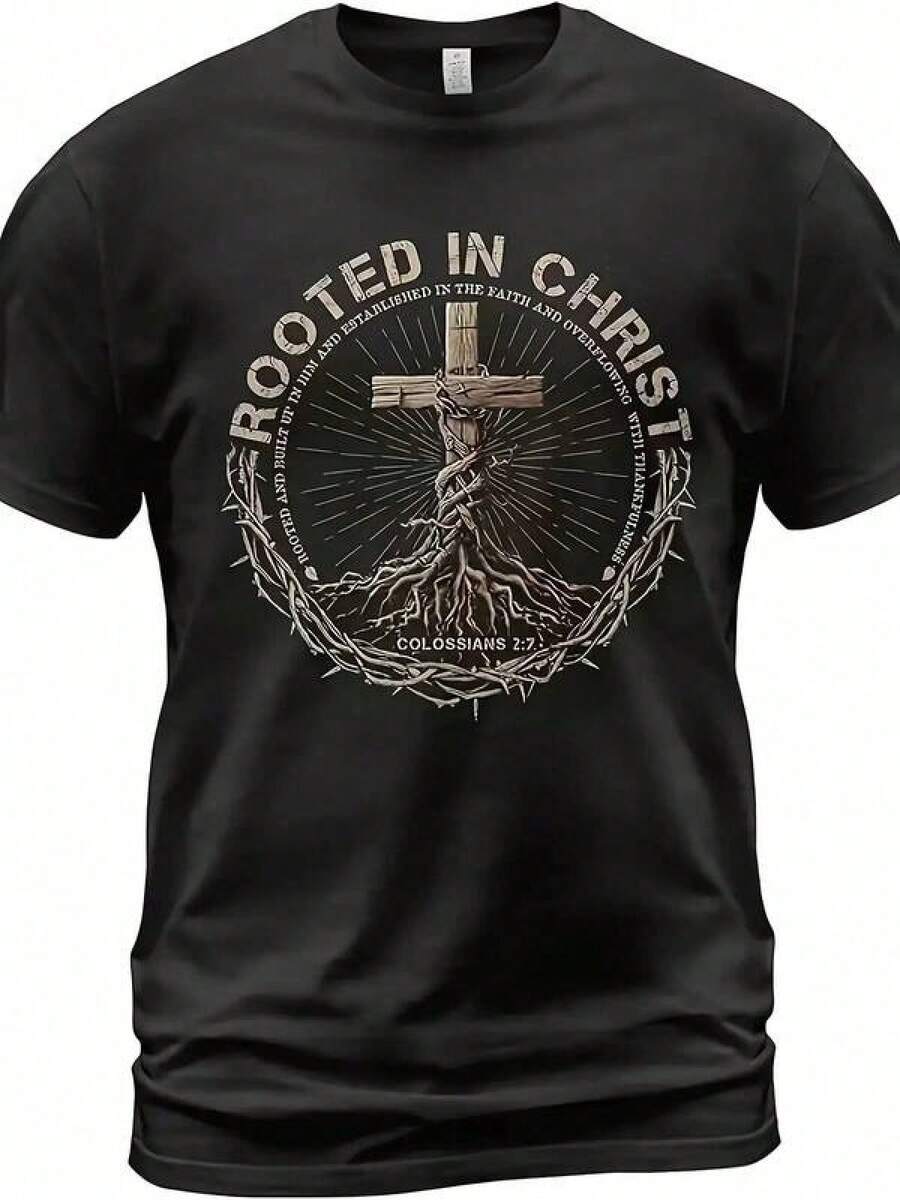 Men's Christian T-Shirt "Rooted In Christ" - Black Religious T-Shirt With Bible Verse, Cross And Roots Design - Church, Easter, Everyday Faith Clothing - Machine Washable Gospel Clothing Gift For Men, Vibrant Print T-Shirt, Comfortable Fit T-Shirt - 黑色 - 查看 1