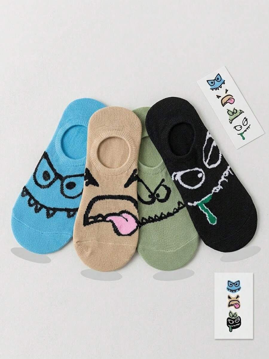 4双男士趣味卡通脸印花隐形袜,新奇低帮设计,俏皮怪兽图案,多色休闲袜,男女皆宜,轻便舒适,适合日常穿着、搭配运动鞋和休闲外出,春夏完美之选,不含卡片 - 彩色 - 查看 1