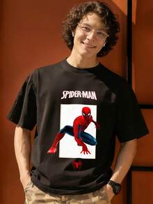 Spider Man Action Pose Print Graphic T Shirt 100 Percent Cotton Men's T Shirts MARVEL  Marvel Universe  Superhero Summer Holiday Outfits Men Clothes Mens Tops Streetwear Mens Gift Ideas Innerwear Or Outfits,Mens Fashion - màu đen - Xem 1