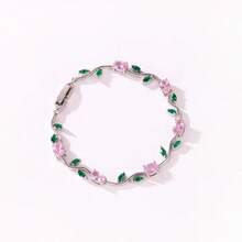 Pulsera de Cristal de Circonio Colorida y Encantadora con Diseño de Hojas y Flores, Lujosa, Chapada en Oro, para Mujeres y Niñas, para Fiestas y Bodas, Regalo de Joyería - Rojo violeta - Ver 11