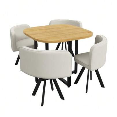Table And Chair Set For 4 People, Consisting Of A Table (85 X 85 Cm) And Four Linen-Covered Chairs, Suitable For The Kitchen And Dining Room (Oak Tabletop + Grey Chairs)