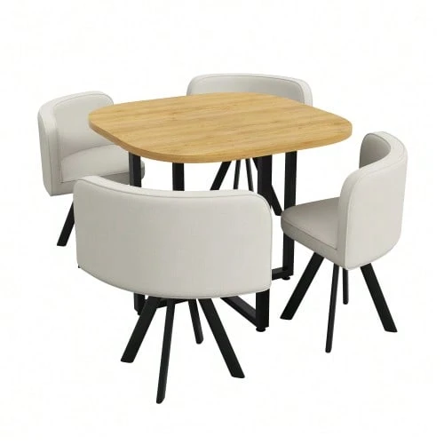 Table And Chair Set For 4 People, Consisting Of A Table (85 X 85 Cm) And Four Linen-Covered Chairs, Suitable For The Kitchen And Dining Room (Oak Tabletop + Grey Chairs) - Krem - View 1