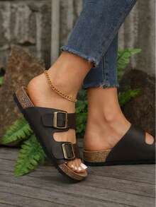 女款極簡露跟舒適度假風 Birkenstocks 風格平底穆勒涼鞋，米色，夏季鞋款 - 巧克力棕 - 查看 10