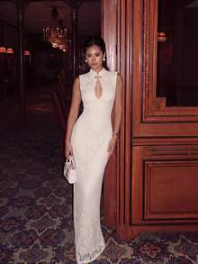 High Neck Lace Trim High Waist Backless Slit Maxi Dress, Perfect For Formal Banquets, Parties And Guest Ceremonies Party Wedding Spring Fall - Beige - View 3
