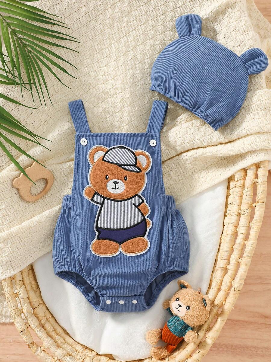 Summer Cute Playful Style Baby Boy Ribbed Bear Overall Romper & 3D Ear Beanie 2pcs Set, Baby Summer Home & Outdoor Crawling Outfit - Blue - View 1