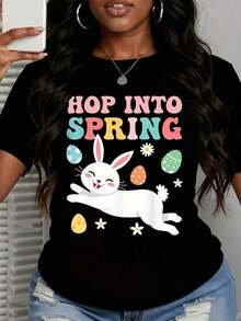 New Spring/Summer 2026 Fashion Short-Sleeved T-Shirt, Made In Mexico, 200g. 100% Cotton. "Hop Into Spring" White T-Shirt With Easter Bunny And Colorful Egg Print For The Spring Season. Cartoon Print Design, Suitable For Couples, Perfect For Layering Or Wearing Alone. Crew Neck, Versatile And Unisex. Suitable For Both Office And Casual Occasions. Individually Packaged. The Perfect Short-Sleeved T-Shirt For Summer. - 黑色 - 查看 2