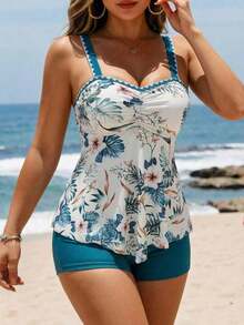 Swim Lushoire 2 piezas Conjunto de tankini de mujer con estampado y color contrastante (parte superior e inferior), busto fruncido - Beis - Ver 6